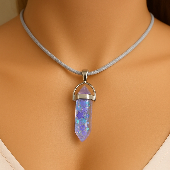 Boho Purple Crystal Resin Point Necklace Silver Accents, Glitter Stars Grey Cord - Picture 1 of 10